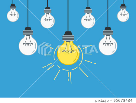 Unique idea. Hanging light bulbs with one glowing and shine. Working solution concept flat vector Illustration Unique idea. Hanging light bulbs with one glowing and shine. Working solution concept flat vector Illustration 95678434