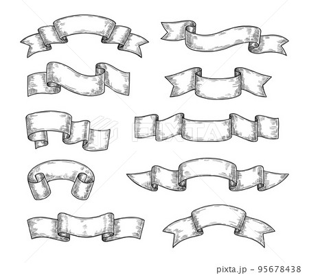 Hand drawn ribbon banner. Engraved frame for text, vintage horizontal sketch label backgrounds vector illustration set Hand drawn ribbon banner. Engraved frame for text, vintage horizontal sketch label backgrounds vector illustration set 95678438