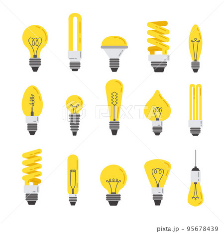 Flat light bulb. Incandescent lamp, energy efficient led lights and bright idea symbol cartoon vector set 95678439