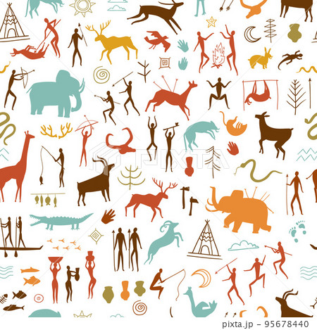 Rock paintings pattern. Prehistoric painted cave wall, stone age art of primitive people and cave drawings seamless vector Illustration Rock paintings pattern. Prehistoric painted cave wall, stone age art of primitive people and cave drawings seamless vector Illustration 95678440