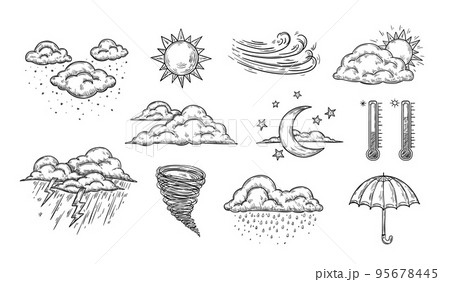 Sketch weather icons. Hand drawn rain, storm and snow. Clear sun and moon, tornado and hurricane wind, thermometer and retro umbrella vector set Sketch weather icons. Hand drawn rain, storm and snow. Clear sun and moon, tornado and hurricane wind, thermometer and retro umbrella vector set 95678445