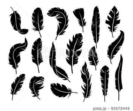 Stencil feather. Soft plume silhouettes, vintage handwriting pen and light decorative bird wing feathers vector symbols set 95678448