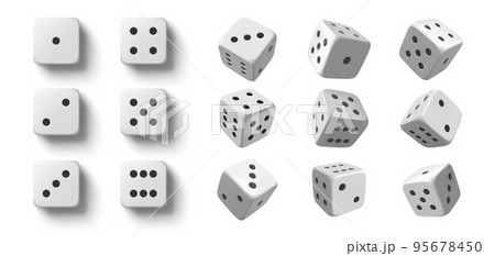 Rolling dice. White roll cubes for gamble games, top view dice sides and falling 3D angles lucky craps realistic vector objects set Rolling dice. White roll cubes for gamble games, top view dice sides and falling 3D angles lucky craps realistic vector objects set 95678450