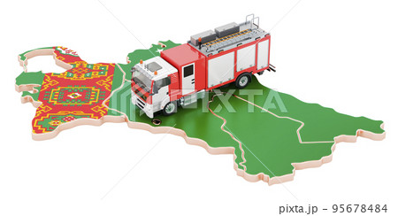Fire department in Turkmenistan. Fire engine truck on the Turkmen map. 3D rendering Fire department in Turkmenistan. Fire engine truck on the Turkmen map. 3D rendering 95678484