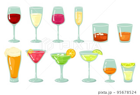 Alcohol drinks. Bar beverage alcoholic cocktails, glass of wine and pint beer. Rum and tequila shot, whiskey with ice vector Illustration set Alcohol drinks. Bar beverage alcoholic cocktails, glass of wine and pint beer. Rum and tequila shot, whiskey with ice vector Illustration set 95678524