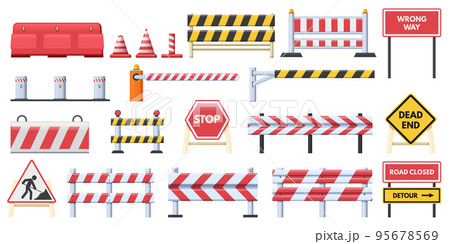 Closed road blocks. Striped red obstacles, wrong way stop and dead end signs. Road works barriers and protection fence vector set Closed road blocks. Striped red obstacles, wrong way stop and dead end signs. Road works barriers and protection fence vector set 95678569