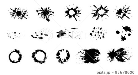 A large set of black ink, ink smears, stains, blots, brushes, lines, rough. Black brush strokes, elements of artistic design. Vector illustration. Isolated on white background. A large set of black ink, ink smears, stains, blots, brushes, lines, rough. Black brush strokes, elements of artistic design. Vector illustration. Isolated on white background. 95678600