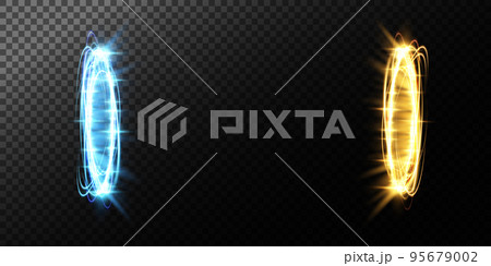 Magic portals on the night scene. Blue and gold round holograms with rays of light and sparkles. Glowing futuristic teleport tunnel with copy space on black background. 95679002