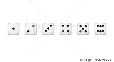 Vector 3d Realistic White Game Dice Icon Set Closeup Isolated. Game Cubes for Gambling, Casino Dices From One to Six Dots, Round Edges 95679554
