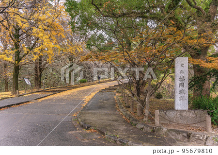 [九州・福岡] 秋に松ノ木坂の麓にある石碑に彫られた史跡福岡城跡。 95679810