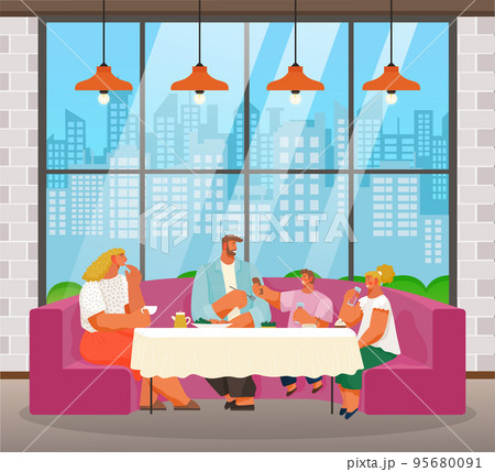 Family have lunch in restaurant or cafe with big windows, people eating delicious food, boy and girl Family have lunch in restaurant or cafe with big windows, people eating delicious food, boy and girl 95680091