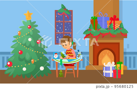 Christmas Tree and Child Making Handmade Presents 95680125