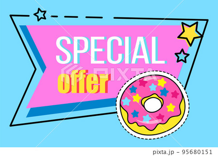 Discount poster. Big sale special offer with inscription and cartoon donut in pink and blue colors 95680151
