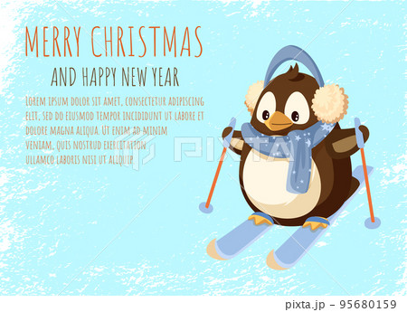 Penguin in Earmuffs and Scarf on Skis with Sticks Penguin in Earmuffs and Scarf on Skis with Sticks 95680159