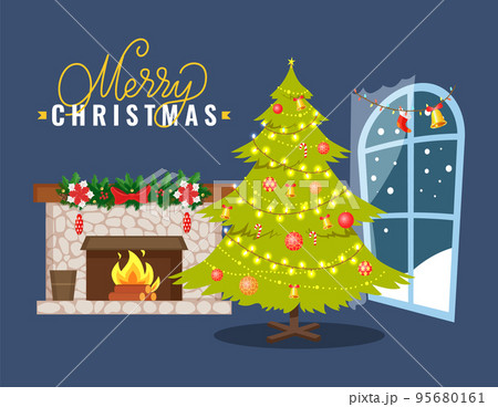 Flat with Fireplace, Fir-tree and Window Vector 95680161