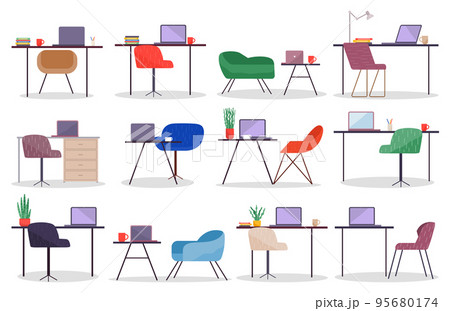 Workplace with modern wireless laptop and comfortable chair, collection of places for work 95680174