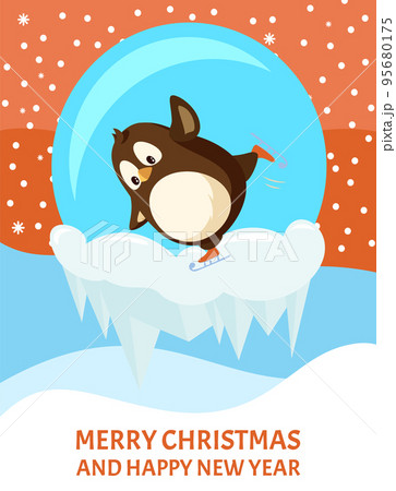 Skating Penguin in Snow-ball with Icicles Vector Skating Penguin in Snow-ball with Icicles Vector 95680175