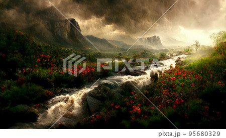 rainy fantasy landscape during summer day storm, neural network generated art 95680329