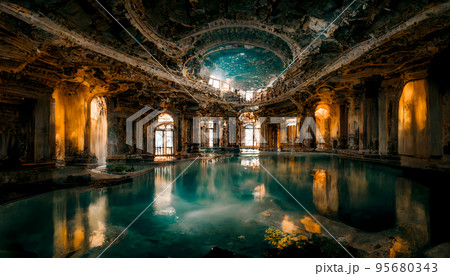 lost pool in cave with pillars and turquoise...のイラスト素材 [95680343] - PIXTA