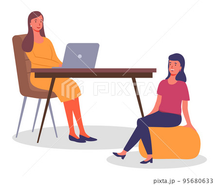 Businesswomen talking in office, young girls talking, office workplace, colleagues communicating Businesswomen talking in office, young girls talking, office workplace, colleagues communicating 95680633