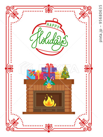Happy Holidays, Fireplace with Metal Frame, Vector 95680635