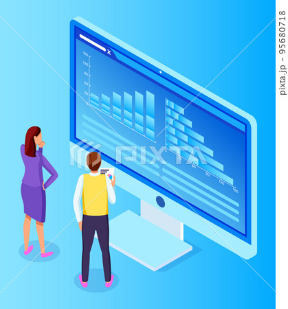 Two businesspeople looking at screen of computer and analysing report, statistic at website 95680718