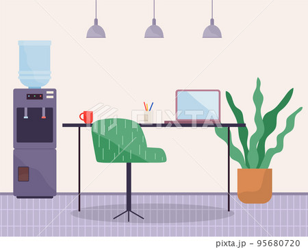 Workplace with modern wireless laptop and comfortable armchair, houseplant, cooler, office table 95680720