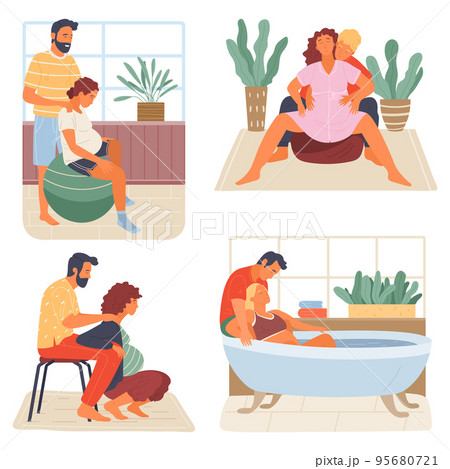 Birth positions for pregnant woman, young man support female during birth pains, help methods 95680721