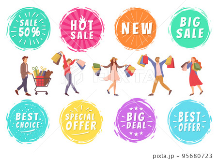 Set of illustrations on the theme of people during the sale. Men and women with shopping bags 95680723