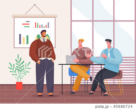 Teamwork, workers men with laptop sitting at table and talking in office, colleagues at work 95680724