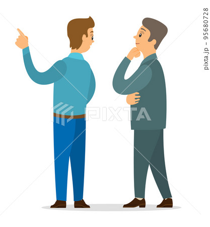 Two partners discussing something standing back, thoughtful guy listening colleague, boss and worker 95680728