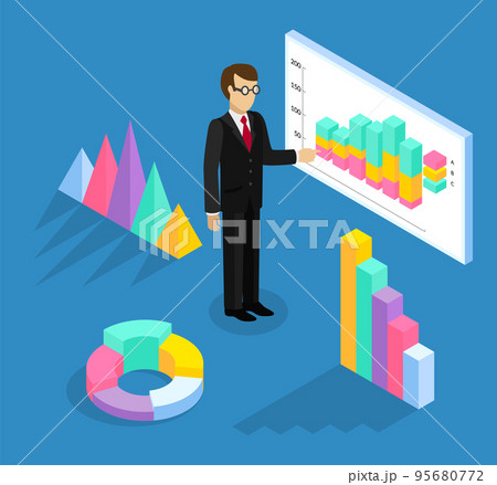 Office worker businessman wearing glasses in costume standing near board with visual presentation 95680772