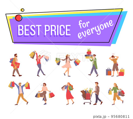 Announcement of the best prices for everyone. People with purchases prepare for the holiday. Announcement of the best prices for everyone. People with purchases prepare for the holiday. 95680811