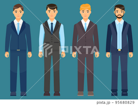 Set of men in suit or costume, blond, brunet, brown-haired businessman, office workers style 95680829