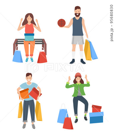 Set of illustrations with people with purchases and pastime outdoors. Buyers with colorful boxes 95680830