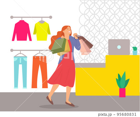 Woman shopping in a mall vector illustration. Girl with shopping bags at the checkout in a boutique 95680831