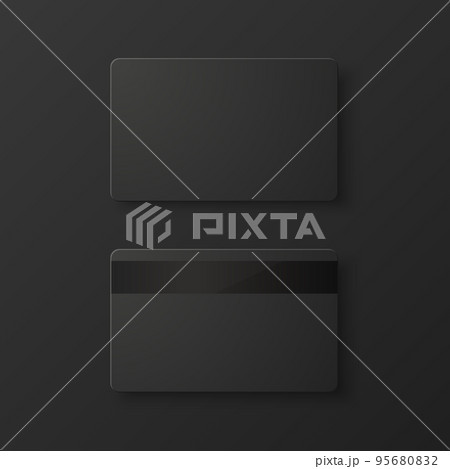 Vector Black Gift Card, Certificate, Guest Room, Plastic Hotel Apartment Keycard, ID Card, Sale, Credit Card Design Template for Mockup, Branding. Top View - Front, Back Side, Magnetic Strip 95680832