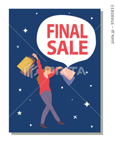 Final sale announcement in the store. Photo of a young girl crossing her legs on the postcard cover 95680833