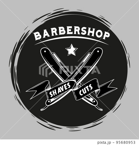 Logotype for barbershop in black and white style. Barber shop logo, emblem with crossed razors 95680953