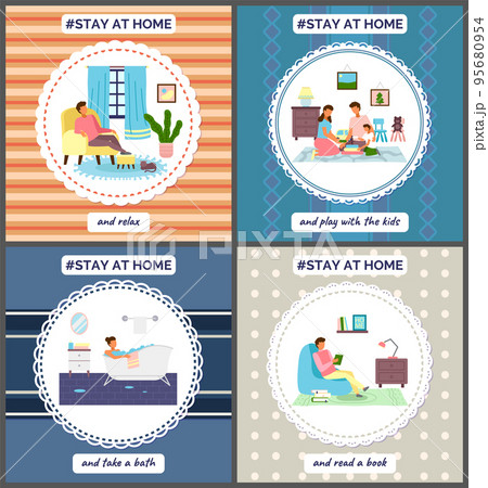 Self isolation, stay at home concept, people sitting at their apartment and doing household chores 95680954