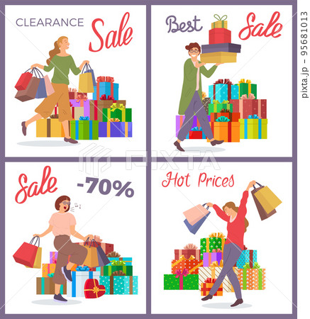 Set of illustrations on the theme of holiday sale and hot prices. People buy gifts for the holiday Set of illustrations on the theme of holiday sale and hot prices. People buy gifts for the holiday 95681013