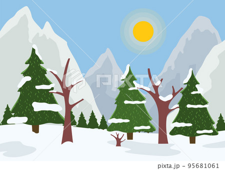Winter nature landscape with fir-trees, bright sun, spruce forest on the horizon behind a snowy hill 95681061