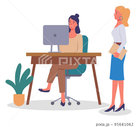 Office meeting and consideration of working affairs. Office workers women discussing project 95681062