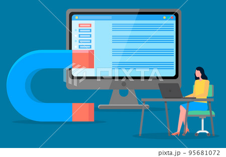 Attracting customers and clients to business, businesswoman sitting with laptop at a big magnet 95681072