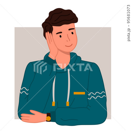 Cute man or young dreamy guy cartoon character wearing warm sweater, flat vector illustration Cute man or young dreamy guy cartoon character wearing warm sweater, flat vector illustration 95681073