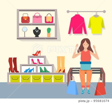 Woman shopping in a mall vector illustration. Girl sitting with a box on her knees in a boutique Woman shopping in a mall vector illustration. Girl sitting with a box on her knees in a boutique 95681074