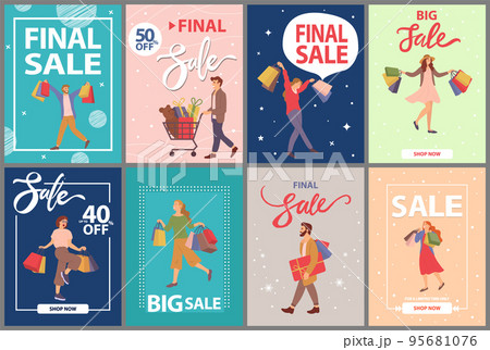 Set of postcards with people during the sale on the cover. Buyers are prepairing for the holiday Set of postcards with people during the sale on the cover. Buyers are prepairing for the holiday 95681076