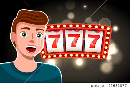 Man winning jackpot at slot machine. Colorful cartoon surprised character vector illustration Man winning jackpot at slot machine. Colorful cartoon surprised character vector illustration 95681077