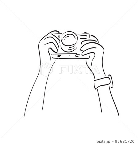 line art closeup hand holding compact camera illustration vector hand drawn isolated on white background 95681720