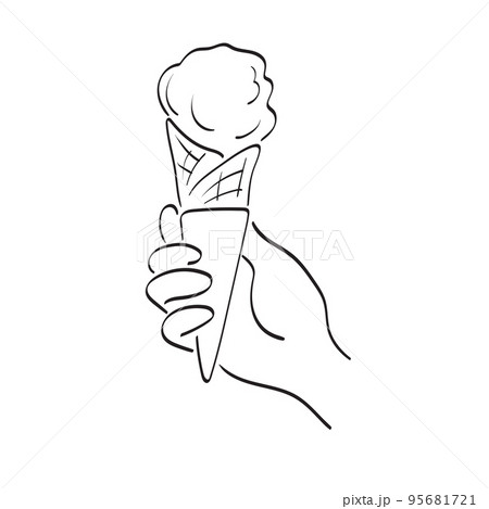 line art closeup hand holding cone  ice cream illustration vector hand drawn isolated on white background 95681721